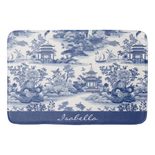 Custom Chinoiserie Pattern Pagoda Blue White Bath Mat