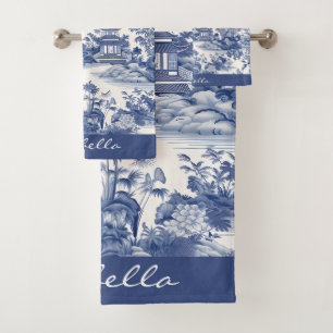 Custom Chinoiserie Pattern Pagoda Blue White Bath Towel Set