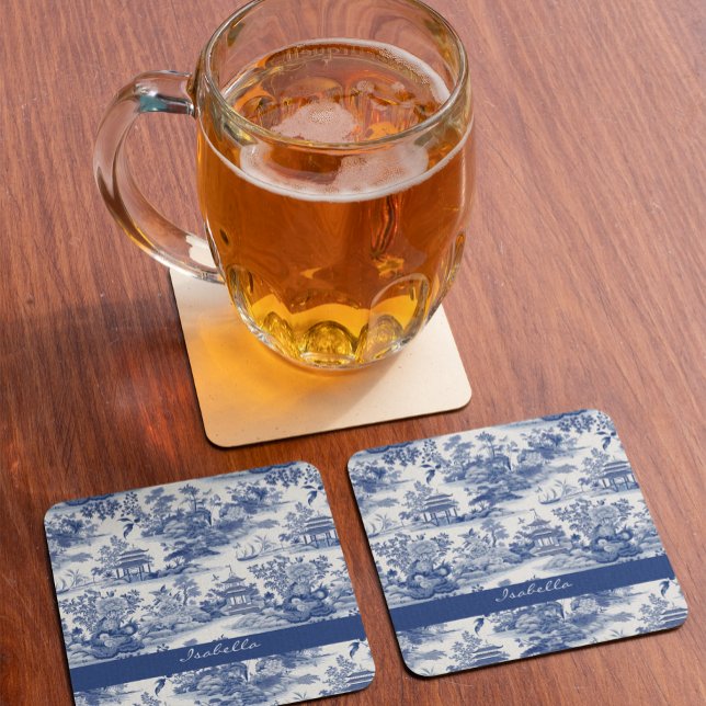 Custom Chinoiserie Pattern Pagoda Blue White Glass Coaster (Creator Uploaded)