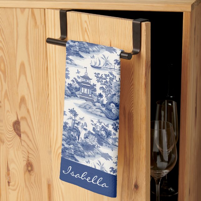 Custom Chinoiserie Pattern Pagoda Blue White Kitchen Towel (Thirds Fold)