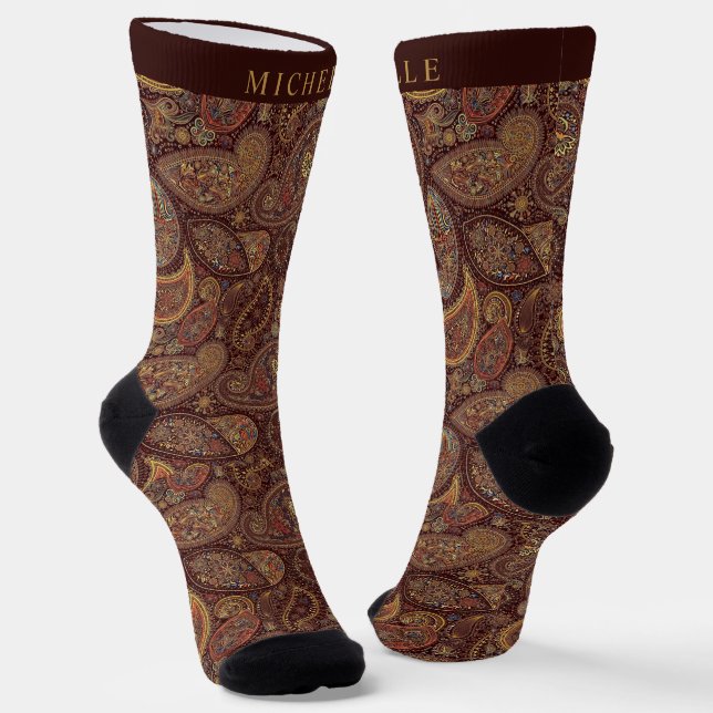Custom Chocolate Brown Gold Paisley Pattern Socks (Angled)
