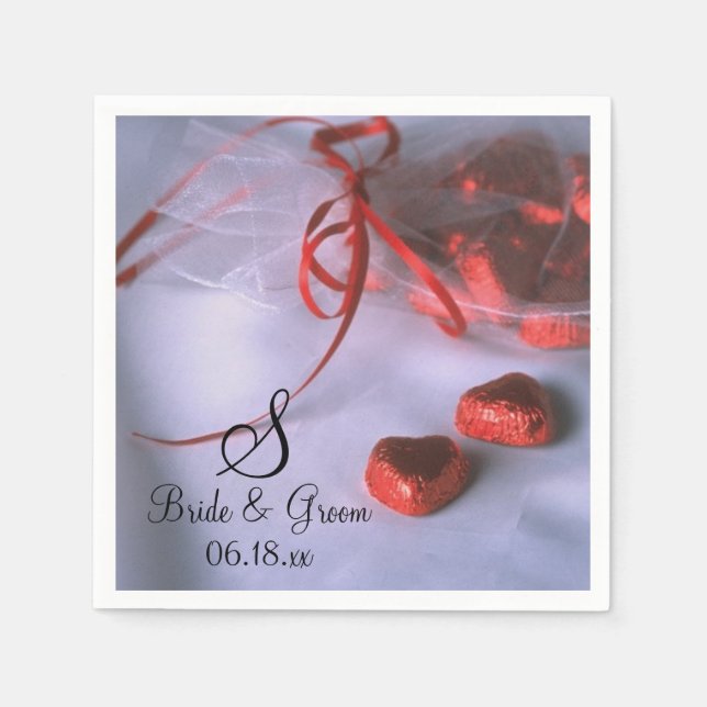 Custom Chocolate Wedding Hearts Monogram Name Date Napkin (Front)