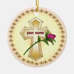 Custom Christian Cross Rose  Ceramic Ornament
