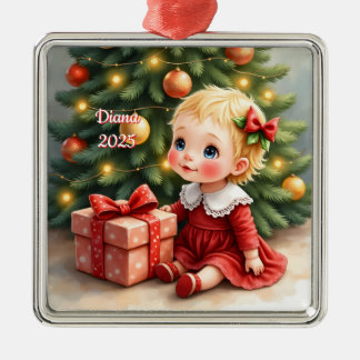 Custom Christmas Baby Sitting By Tree Scene Metal Ornament