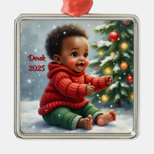 Custom Christmas Baby Tree Scene Metal Ornament
