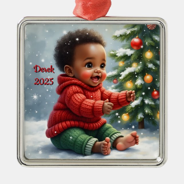 Custom Christmas Baby Tree Scene  Metal Ornament (Front)