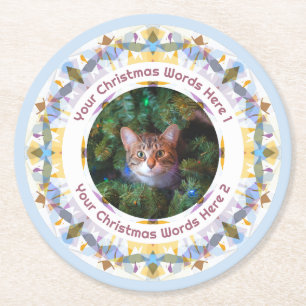 Custom Christmas Blue Yellow Family Photo Party Round Paper Coaster