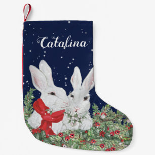 Custom Christmas Bunny Rabbit Greenery Snow Unique Small Christmas Stocking