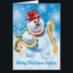Custom Christmas card Jolly snowman<br><div class="desc">Custom Christmas card Jolly snowman . A christmas dancing tinselled snowperson. Customise the message with your own choice of name, it's so easy to change the name and make someone's Christmas special.</div>