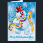 Custom Christmas card Jolly snowman<br><div class="desc">Custom Christmas card Jolly snowman . A christmas dancing tinselled snowperson. Customise the message with your own choice of name,  it's so easy to change the name and make someone's Christmas special.</div>