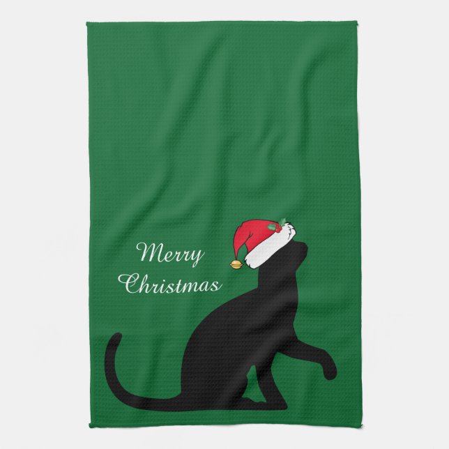 Custom Christmas Cat Santa Green Kitchen Towel (Vertical)