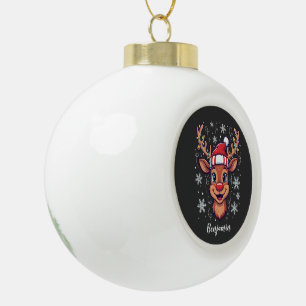 Custom Christmas Cheer Cute Reindeer in Hat Ceramic Ball Christmas Ornament