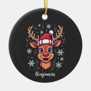Custom Christmas Cheer Cute Reindeer in Hat Ceramic Ornament