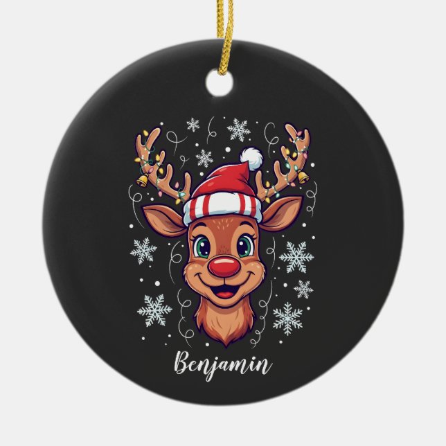 Custom Christmas Cheer Cute Reindeer in Hat  Ceramic Ornament (Front)