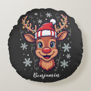 Custom Christmas Cheer Cute Reindeer in Hat Round Pillow
