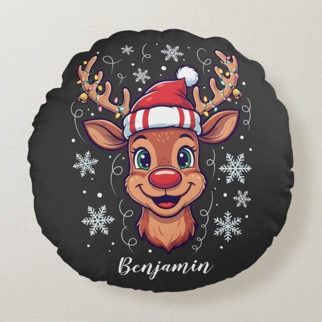Custom Christmas Cheer Cute Reindeer in Hat  Round Pillow (Front)