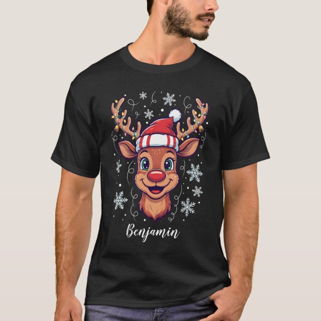 Custom Christmas Cheer Cute Reindeer in Hat  T-Shirt (Front)