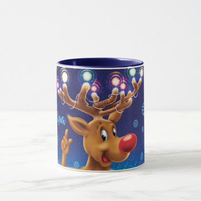 Custom Christmas coffee mug , Rudolph & lights (Center)