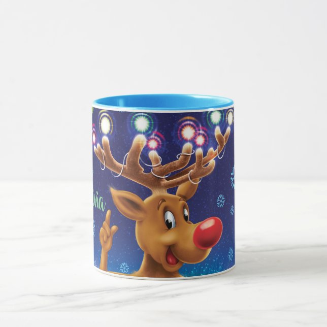 Custom Christmas coffee mug , Rudolph & lights (Center)