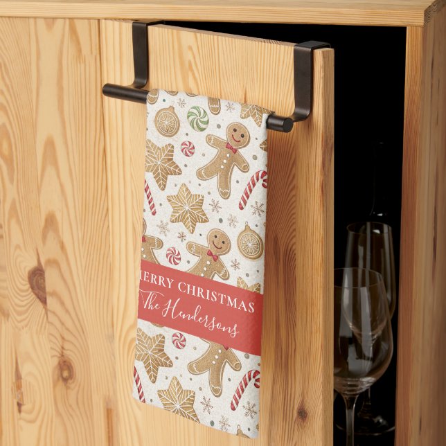 Custom Christmas Cookie Gingerbread Pattern Name Kitchen Towel (Thirds Fold)