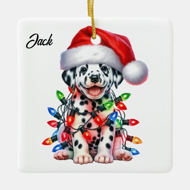 Custom Christmas Dalmation with Santa Hat Ceramic Ornament (Front)