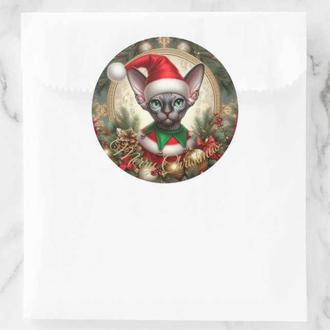 Custom Christmas Elf Sphynx Cat Gift Xmas  Classic Round Sticker (Bag)