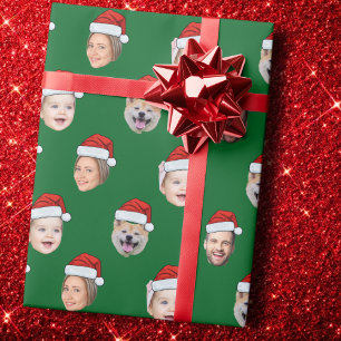 Custom Christmas Face Santa Hat Family 4 Photos Wrapping Paper
