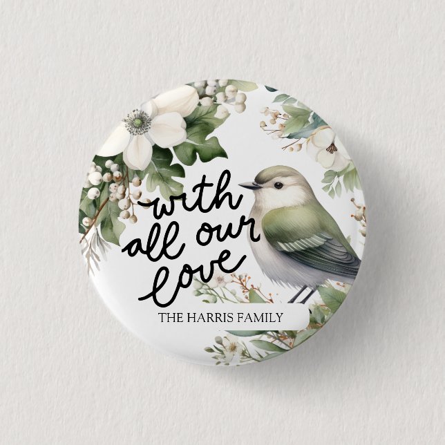 Custom Christmas Flowers & Bird Pillow - With Love 1 Inch Round Button (Front)