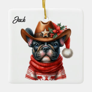 Custom Christmas French Bulldog with Cowboy Hat Ceramic Ornament