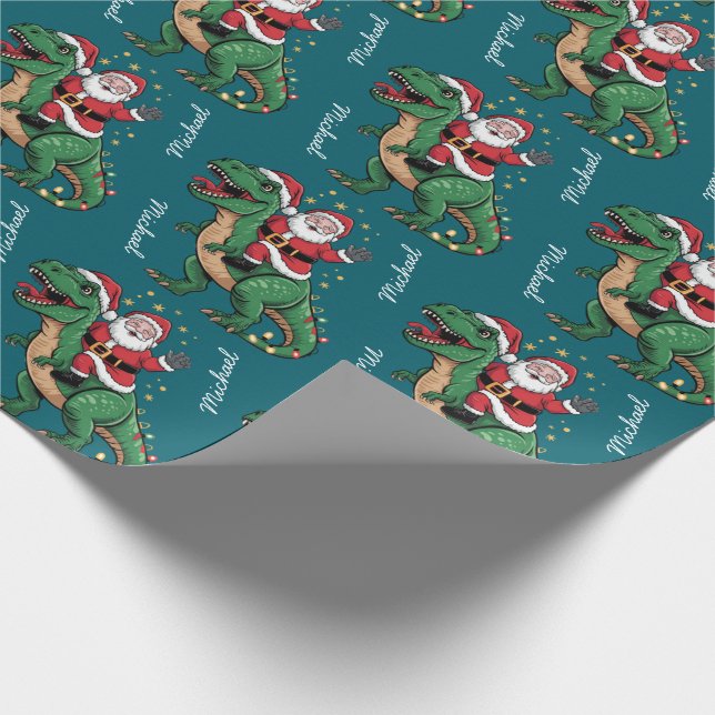 Custom Christmas Funny Santa riding a dinosaur     Wrapping Paper (Corner)