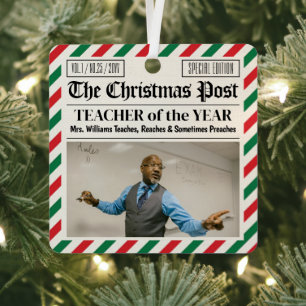 Custom Christmas Gift for Teacher Newspaper  Metal Ornament