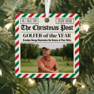 Custom Christmas Golfer Gift, Fun Golf Newspaper  Metal Ornament