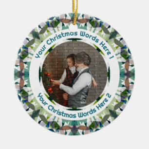 Custom Christmas Green Brown Family Photo Gift Ceramic Ornament
