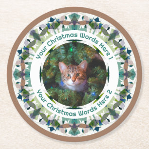 Custom Christmas Green Brown Family Photo Party Round Paper Coaster