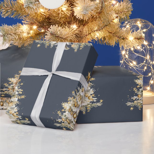 Custom Christmas Holiday Blue Gold Tree Gift Wrapping Paper (Holidays)