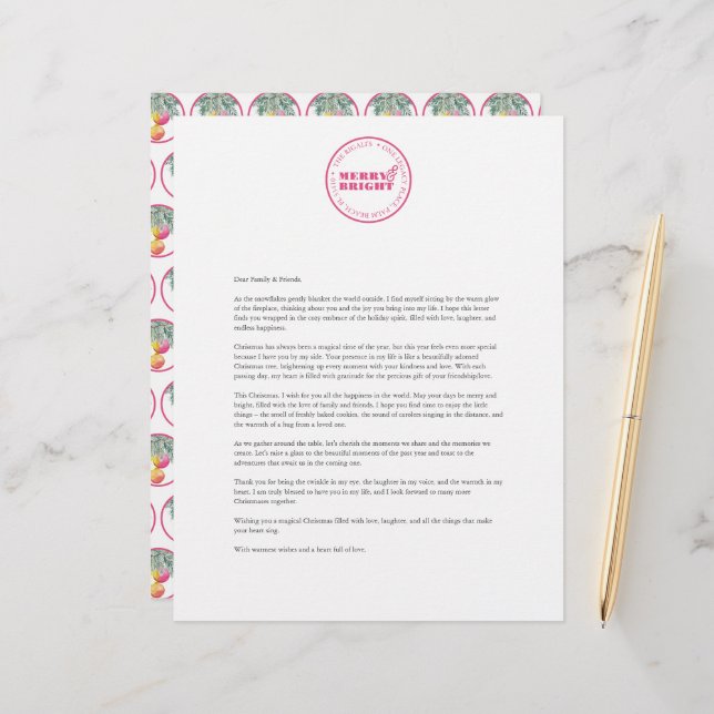 Custom Christmas Letter Template Pink Letterhead (Front/Back In Situ)