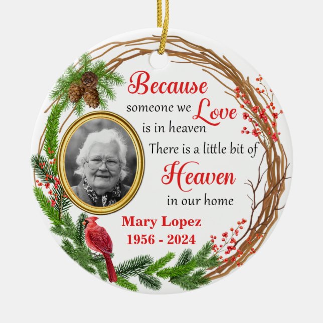 Custom Christmas Memorial Photo and Cardinal Ceramic Ornament (Front)