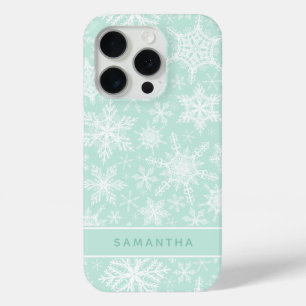 Custom Christmas Mint Green and White Snowflakes iPhone 15 Pro Case