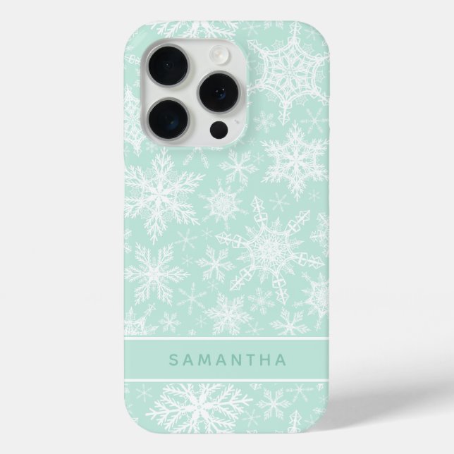 Custom Christmas Mint Green and White Snowflakes Case-Mate iPhone Case (Back)