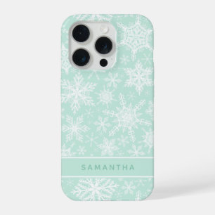Custom Christmas Mint Green and White Snowflakes iPhone 15 Pro Case
