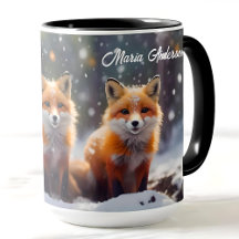 Custom Christmas Mug Cute Foxes In A Snowy Forest