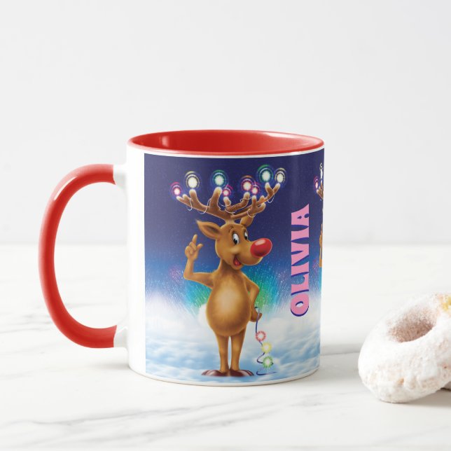 Custom Christmas mug, Rudolph and lights. Mug (With Donut)
