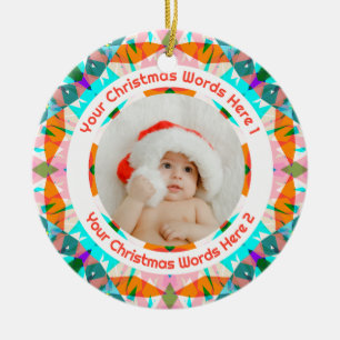 Custom Christmas Orange Teal Family Photo Gift Ceramic Ornament