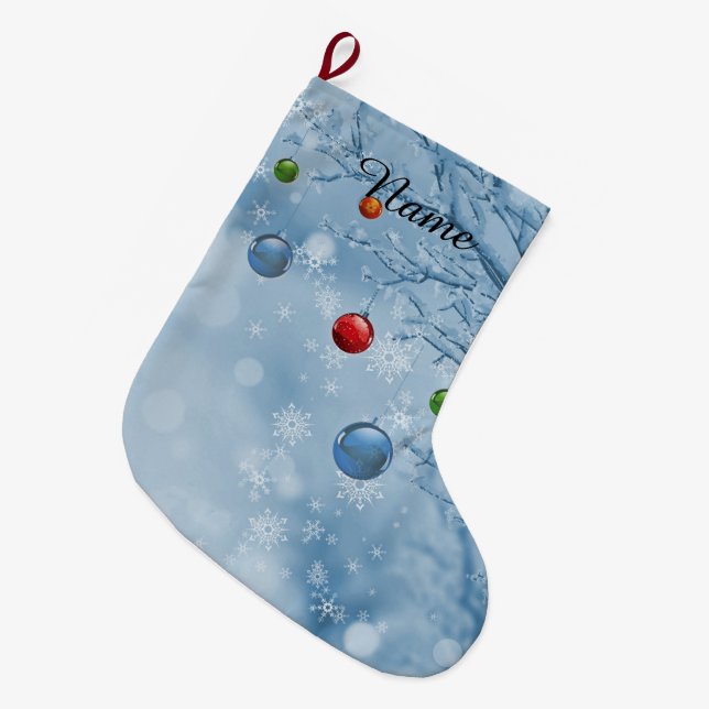 Custom Christmas Ornaments on Tree w Snow Flakes Large Christmas Stocking (Front (Hanging))
