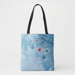 Custom Christmas Ornaments on Tree w Snow Flakes Tote Bag