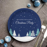 Custom Christmas Party Winter Trees Blue Paper Plate<br><div class="desc">Beautiful midnight blue sky with Christmas fir trees decorate this pretty,  custom Christmas party paper plate for a family dinner. Snow lines the lovely forest and white snowflakes sprinkle down in the night air. Personalize this pretty decor for a holiday gathering.</div>