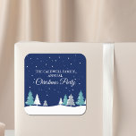 Custom Christmas Party Winter Trees Blue Square Sticker<br><div class="desc">Beautiful midnight blue sky with Christmas fir trees decorate this pretty,  custom Christmas party sticker for a family celebration. Snow lines the lovely forest and white snowflakes sprinkle down in the night air. Personalize these pretty stickers for holiday gifts.</div>