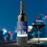 Custom Christmas Party Winter Trees Blue Wine Label<br><div class="desc">Beautiful midnight blue sky with Christmas fir trees decorate these pretty,  custom Christmas party wine labels. Snow lines the lovely forest and white snowflakes sprinkle down in the night air. Personalize these gift labels for a holiday gathering.</div>