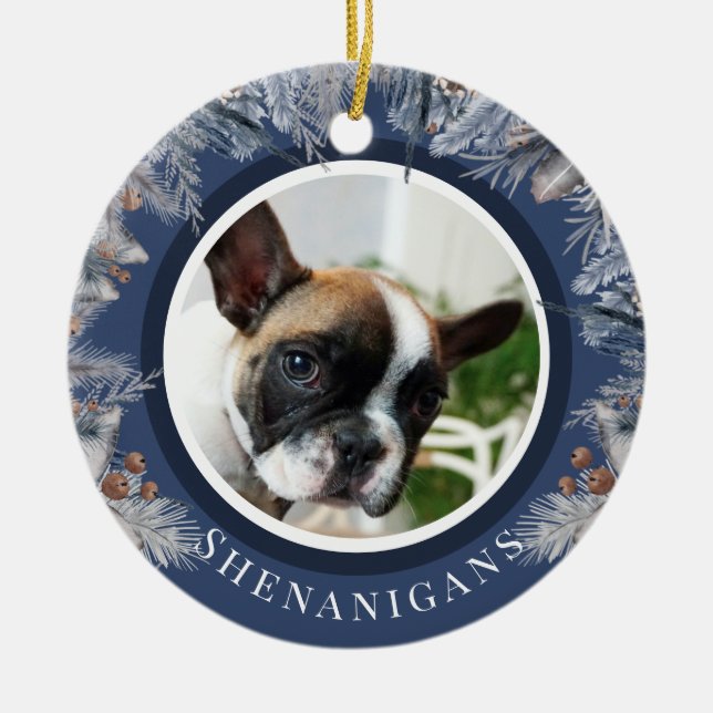 Custom Christmas Pet Photo Botanical Ceramic Ornament (Front)