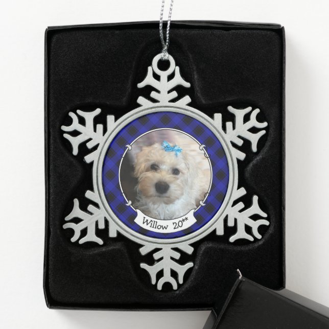 Custom Christmas Photo Blue & Black Plaid Pet Snowflake Pewter Christmas Ornament (Box)